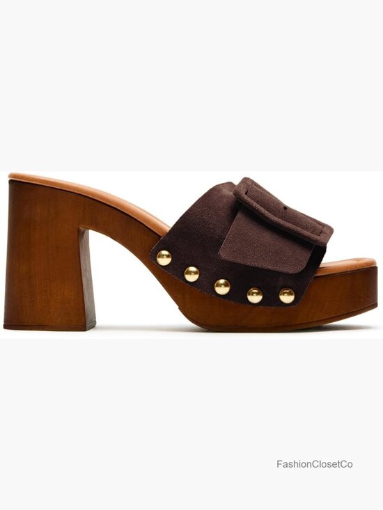 Shoes - Women's Suede Platform Mules Chunky Block Heel Clogs Retro Studded Slides